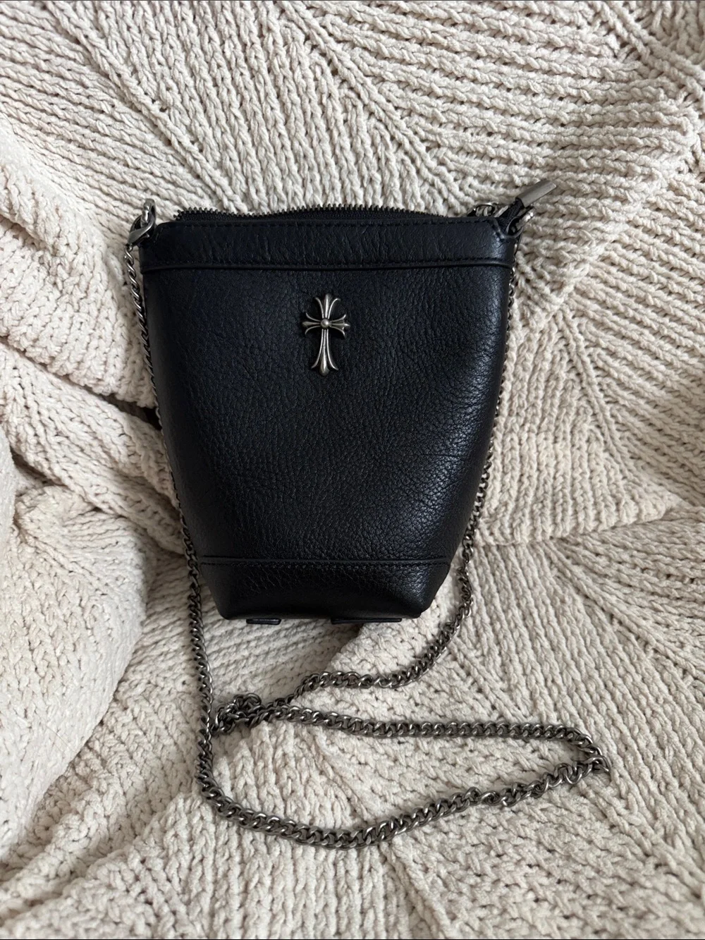 Black Pebble Leather Crossbody with Silver Cross Accent